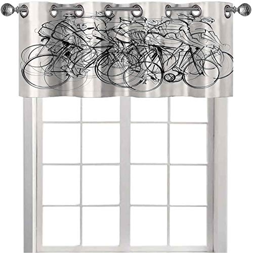 Cortinas con cenefa para ventana, diseño dibujado a mano, imagen de ciclistas, grupo de ciclistas en carrera, obras de arte de 106,7 x 45,7 cm, cortinas de cenefa para cocina, color blanco y negro