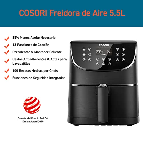 COSORI Freidora sin Aceite 5,5L, Freidora Aire Caliente con 11 Programas, Air Fryer con Función Mantener Caliente, Pantalla LED Táctil, Temporizador, Sin BPA ni PFOA, 100 Recetas PDF, 1700W