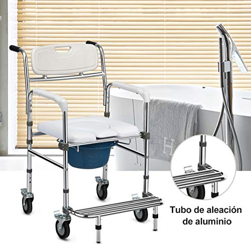 COSTWAY Silla de WC con Ruedas Silla de Baño Altura Ajustable con Reposapiés Silla Orinal Carga hasta 100kg Silla de Ducha para Personas Mayores