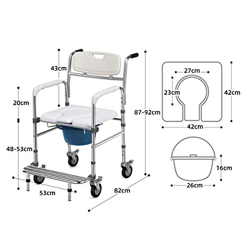 COSTWAY Silla de WC con Ruedas Silla de Baño Altura Ajustable con Reposapiés Silla Orinal Carga hasta 100kg Silla de Ducha para Personas Mayores