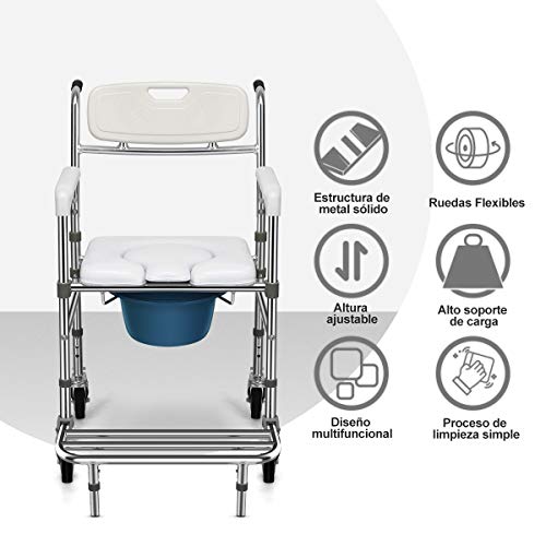 COSTWAY Silla de WC con Ruedas Silla de Baño Altura Ajustable con Reposapiés Silla Orinal Carga hasta 100kg Silla de Ducha para Personas Mayores