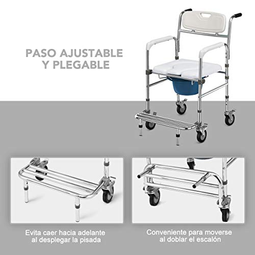 COSTWAY Silla de WC con Ruedas Silla de Baño Altura Ajustable con Reposapiés Silla Orinal Carga hasta 100kg Silla de Ducha para Personas Mayores