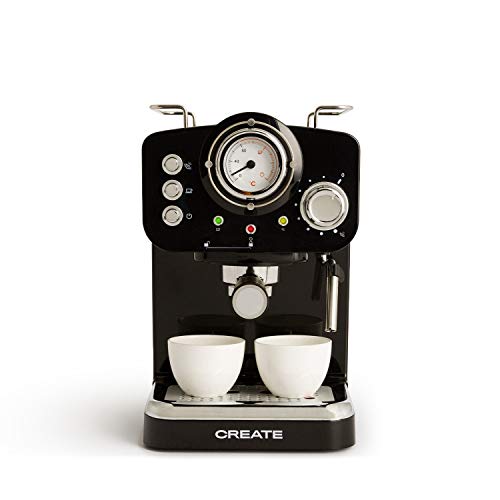 CREATE THERA Retro - Cafetera Express para Espresso y Cappucino, 1100W, 15 Bares, Vaporizador Orientable, capacidad 1.25l, Café Molido y Monodosis, Con Doble Salida (Negro)