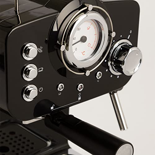 CREATE THERA Retro - Cafetera Express para Espresso y Cappucino, 1100W, 15 Bares, Vaporizador Orientable, capacidad 1.25l, Café Molido y Monodosis, Con Doble Salida (Negro)