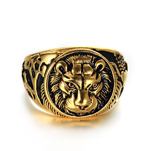 CRYPIN Anillo de Animal de Acero Inoxidable Vintage con Cabeza de león y Rey del Bosque para Hombre con joyería 7-12#