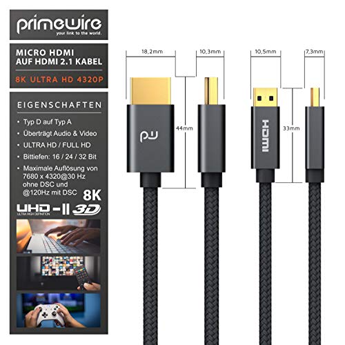 CSL - Cable Micro HDMI a HDMI 2.1 de 3 m - 3D - UHD II - 7680 x 4320 @ 120 Hz con DSC - HDR - ARC - Tipo D a tipo A - Nylon Brading - para Raspberry Pi 4, Gopro, Odroid, cámaras, tabletas y portátiles