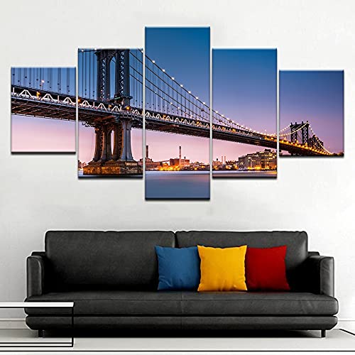 Cuadro en lienzo abstracto con impresión de alta definición, 5 imágenes de decoración moderna Póster de la ciudad del puente de Nueva York A32 XXL