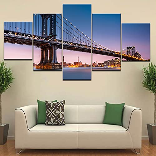 Cuadro en lienzo abstracto con impresión de alta definición, 5 imágenes de decoración moderna Póster de la ciudad del puente de Nueva York A32 XXL