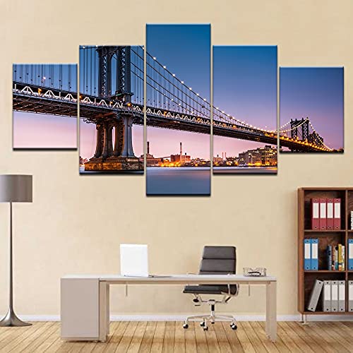 Cuadro en lienzo abstracto con impresión de alta definición, 5 imágenes de decoración moderna Póster de la ciudad del puente de Nueva York A32 XXL