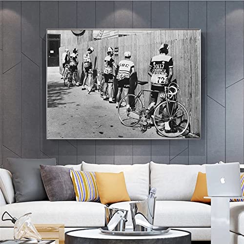 Cuadros creativos Vintage blanco y negro bicicleta ciclista lienzo pintura calle pared arte imagen sala de estar decoración 70x90cm sin marco