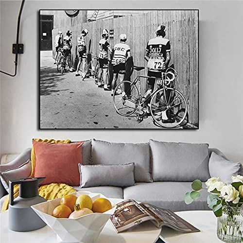 Cuadros creativos Vintage blanco y negro bicicleta ciclista lienzo pintura calle pared arte imagen sala de estar decoración 70x90cm sin marco