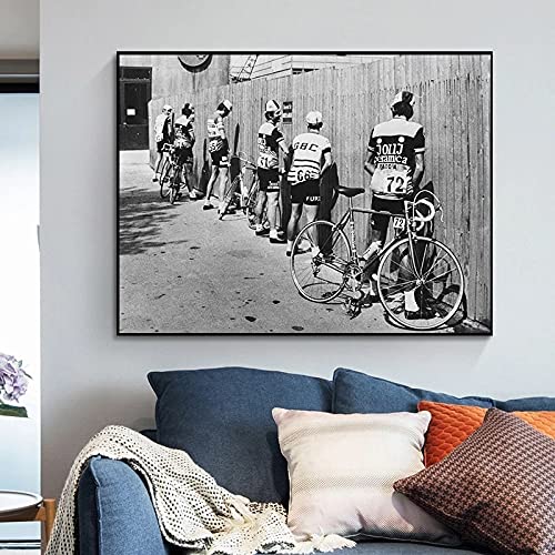 Cuadros creativos Vintage blanco y negro bicicleta ciclista lienzo pintura calle pared arte imagen sala de estar decoración 70x90cm sin marco