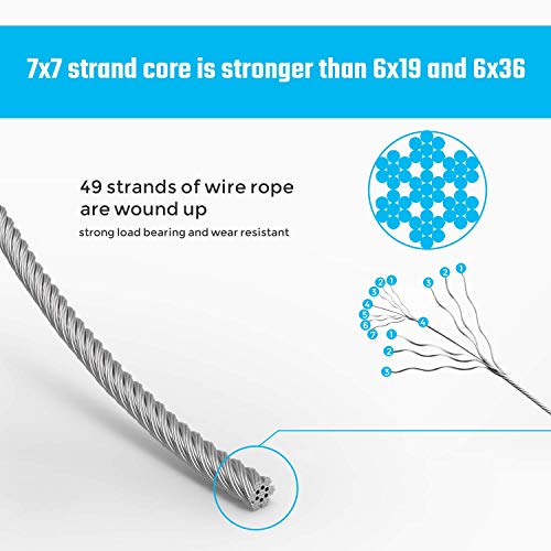 Cuerda de alambre de 1/16, cable de acero inoxidable 304, cable de avión de 30 m de longitud, resistencia a la rotura de 167 kg con 100 abrazaderas de aluminio engarzado