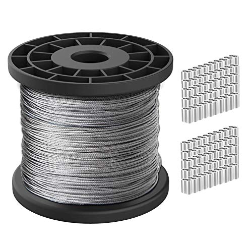 Cuerda de alambre de 1/16, cable de acero inoxidable 304, cable de avión de 30 m de longitud, resistencia a la rotura de 167 kg con 100 abrazaderas de aluminio engarzado