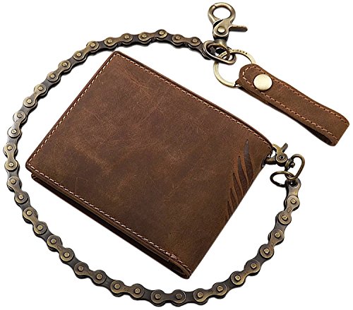 Cuero de búfalo Cartera con Cadena metálica con Calavera-Motivo en Formato Vertical o Formato oblongo con Bloqueo RFID y NFC en marrón (Modelo 2 / Formato Oblongo/Marrón)