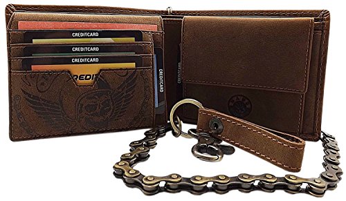 Cuero de búfalo Cartera con Cadena metálica con Calavera-Motivo en Formato Vertical o Formato oblongo con Bloqueo RFID y NFC en marrón (Modelo 2 / Formato Oblongo/Marrón)