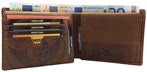 Cuero de búfalo Cartera con Cadena metálica con Calavera-Motivo en Formato Vertical o Formato oblongo con Bloqueo RFID y NFC en marrón (Modelo 2 / Formato Oblongo/Marrón)