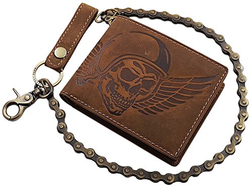 Cuero de búfalo Cartera con Cadena metálica con Calavera-Motivo en Formato Vertical o Formato oblongo con Bloqueo RFID y NFC en marrón (Modelo 2 / Formato Oblongo/Marrón)