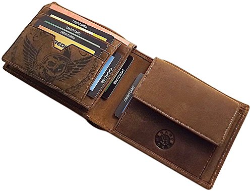 Cuero de búfalo Cartera con Cadena metálica con Calavera-Motivo en Formato Vertical o Formato oblongo con Bloqueo RFID y NFC en marrón (Modelo 2 / Formato Oblongo/Marrón)