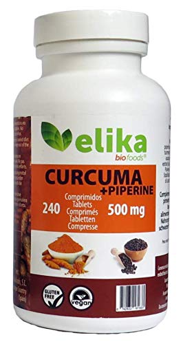 Cúrcuma con Pimienta negra (Piperine) 100% NATURAL de Elikafoods® 240 comprimidos vegetales de 500 mg. Potente antiinflamatorio y antioxidante natural. Sin aditivos ni estimulantes artificiales.