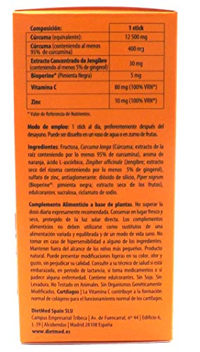 CURCUMA en polvo 12.500 mg, 95% Curcumina, con Bioperina, Jengibre, Zinc y vitamina C, concentración reforzada, mejor absorción, mono dosis, uno al día, sin gluten, sabor naranja, para 30 días