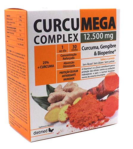 CURCUMA en polvo 12.500 mg, 95% Curcumina, con Bioperina, Jengibre, Zinc y vitamina C, concentración reforzada, mejor absorción, mono dosis, uno al día, sin gluten, sabor naranja, para 30 días