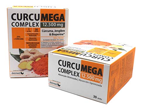 CURCUMA en polvo 12.500 mg, 95% Curcumina, con Bioperina, Jengibre, Zinc y vitamina C, concentración reforzada, mejor absorción, mono dosis, uno al día, sin gluten, sabor naranja, para 30 días