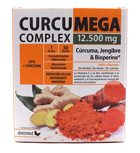 CURCUMA en polvo 12.500 mg, 95% Curcumina, con Bioperina, Jengibre, Zinc y vitamina C, concentración reforzada, mejor absorción, mono dosis, uno al día, sin gluten, sabor naranja, para 30 días