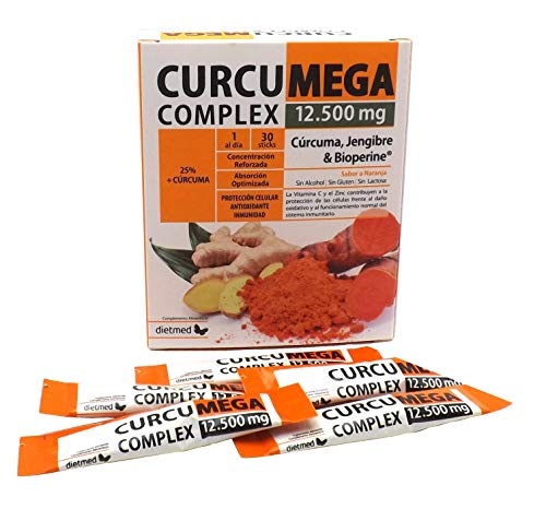 CURCUMA en polvo 12.500 mg, 95% Curcumina, con Bioperina, Jengibre, Zinc y vitamina C, concentración reforzada, mejor absorción, mono dosis, uno al día, sin gluten, sabor naranja, para 30 días