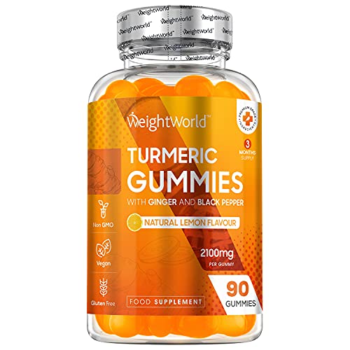 Cúrcuma Gominolas de 2100 mg con Jengibre y Pimienta Negra 90 Gominolas Veganas de Sabor Natural a Limón - Cúrcuma de Alta Resistencia, Fuente de Curcumina y Piperina, Ingredientes de Origen Natural