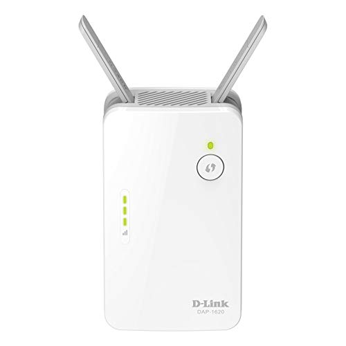 D-Link DAP-1620 - Repetidor WiFi AC1300 con WiFi Mesh, 1 puerto LAN Gigabit Ethernet RJ-45 10/100/1000Mbps, 2 antenas externas abatibles, punto de acceso 802.11ac, WPS, indicador LED de señal, blanco