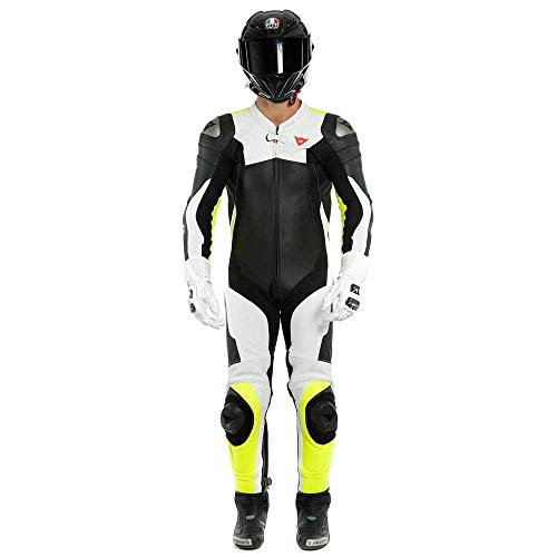 Dainese Assen 2 - Traje de motorista de piel perforada (1 pieza), color negro, blanco y amarillo