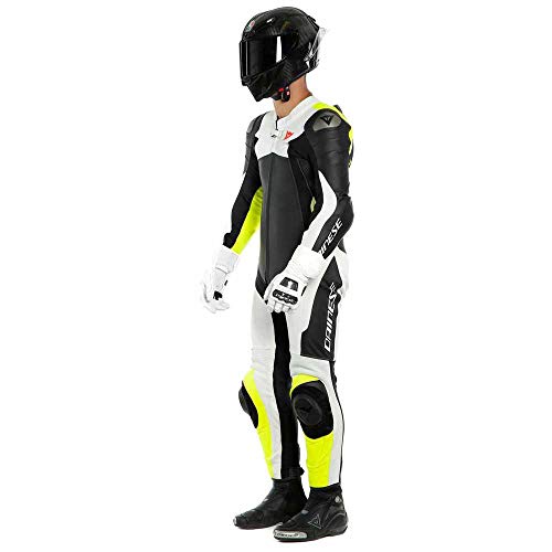 Dainese Assen 2 - Traje de motorista de piel perforada (1 pieza), color negro, blanco y amarillo