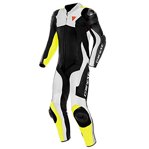 Dainese Assen 2 - Traje de motorista de piel perforada (1 pieza), color negro, blanco y amarillo