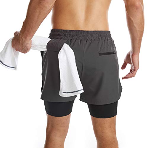 Danfiki Pantalones cortos para hombre con bolsillo para teléfono, 2 en 1, de secado rápido y ligero, gris, 42