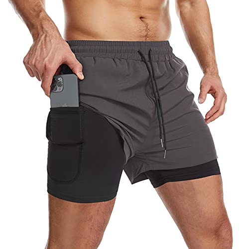 Danfiki Pantalones cortos para hombre con bolsillo para teléfono, 2 en 1, de secado rápido y ligero, gris, 42