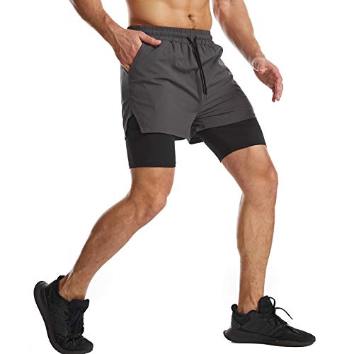 Danfiki Pantalones cortos para hombre para correr con bolsillo para teléfono 2 en 1, pantalones cortos de entrenamiento de gimnasio ligeros de secado rápido, gris, 46