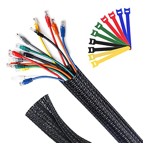 Dapzon Organizador Cables, 2 X 1,6M Expandible Recoge Cables con 10 x 150mm bridas, Flexible Funda Organizador de Cables Cubre Cables para Hogar y Oficina, Ø16mm, Negro