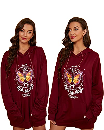 datasy Sudadera Mujer con Capucha Estampada Mariposas Juvenil Hoodie Chicas Deporte Vestido Sudaderas con Bolsillos Mujer Oversize Suelta Rojo-XL