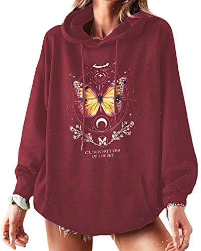 datasy Sudadera Mujer con Capucha Estampada Mariposas Juvenil Hoodie Chicas Deporte Vestido Sudaderas con Bolsillos Mujer Oversize Suelta Rojo-XL