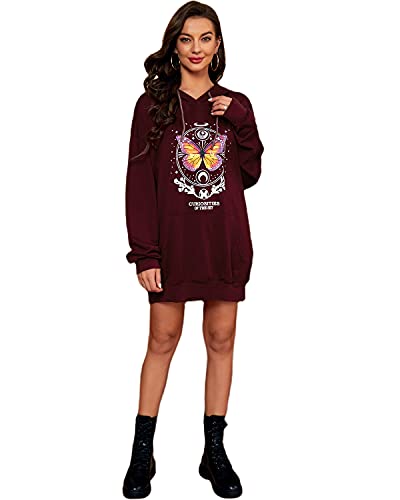 datasy Sudadera Mujer con Capucha Estampada Mariposas Juvenil Hoodie Chicas Deporte Vestido Sudaderas con Bolsillos Mujer Oversize Suelta Rojo-XL