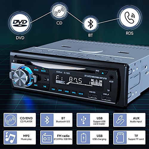 DAZZMO Autoradio CD Radio Coche Bluetooth 1 DIN MP3 USB SD AUX FM Radio Coche RDS Radio para Coche con Doble USB Carga rapida, Control Remoto del Volante