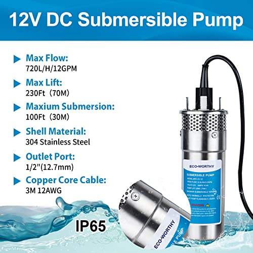 DCHOUSE Bomba Sumergible De Acero Inoxidable De 12 V, Elevación Máxima De 230 Pies, Bomba Sumergible Máxima De Agua De Pozo Profundo De 100 Pies, Bomba De Agua Con Energía Solar