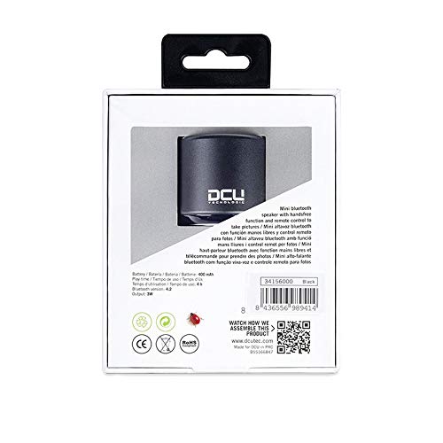 DCU Tecnologic | Mini Altavoz Portatil | Bluetooth | 3W | tamaño pequeño | Gran Sonido | Control Remoto para Fotos (Negro)