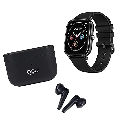 DCU TECNOLOGIC | Pack Smartwatch Reloj Inteligente + Auriculares Bleutooth 5.0 | Earbuds con Microfóno | Pulsera de Actividad IP67 | Ultrligeros | Control Táctil | Negro