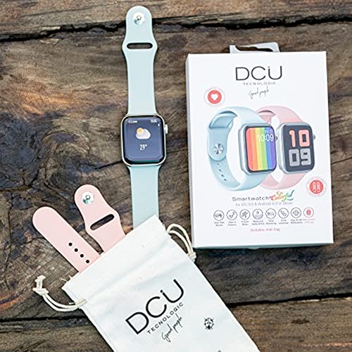 DCU TECNOLOGIC | Smartwatch Colorful | Reloj Inteligente Notificaciones Apps y Llamadas | 8 Modos de Deporte | IP67 | 2 Correas en TPU Rosa + Azul Cielo