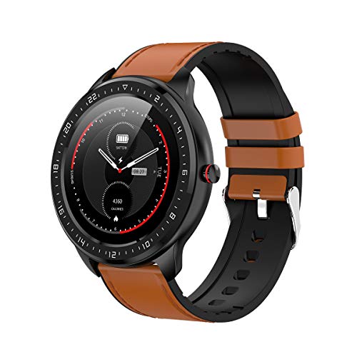 DCU TECNOLOGIC | Smartwatch | Reloj Inteligente | Full Touch Pantalla táctil | Control Remoto | Notificación de APPS y Llamadas | con 2 Correas Piel marrón y Silicona Negra