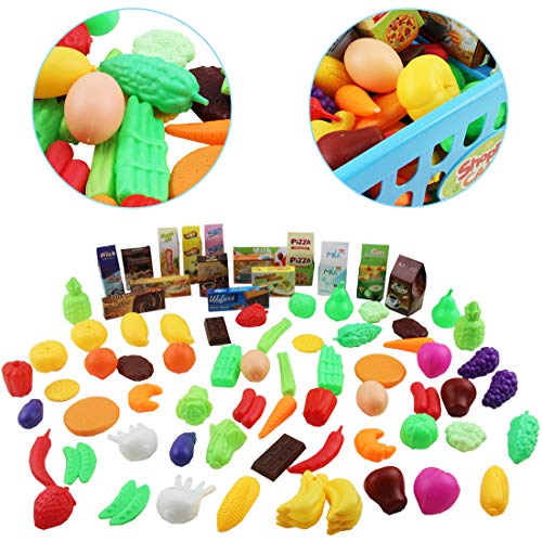 deAO Carrito de la Compra Infantil Incluye Variedad de 78 Productos de Mercado y Comestibles para Niños y Niñas (Azul)