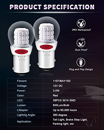 DEFVNSY - Paquete de 2 - Rojo 1157 BAY15D 2057 2357 7528 Luz LED extremadamente brillante 3014 39 Bombillas de repuesto SMD para luces de freno traseras - 12V DC