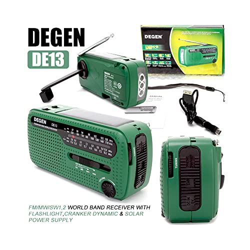 DEGEN DE13 FM AM SW Crank Dynamo Solar Power Emergency Radio A0798A World Receiver(Green)